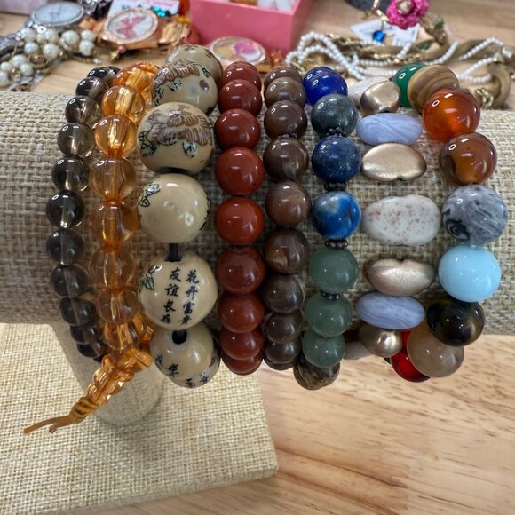Earth Tone Stretch Bracelet Lot Set Of 10 Beaded Stone & Glass Accessories For W - Picture 9 of 9